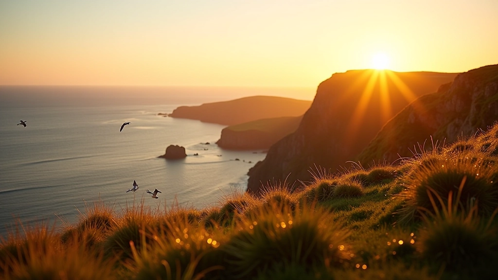 Seabirds flying along cliff edge with golden evening light