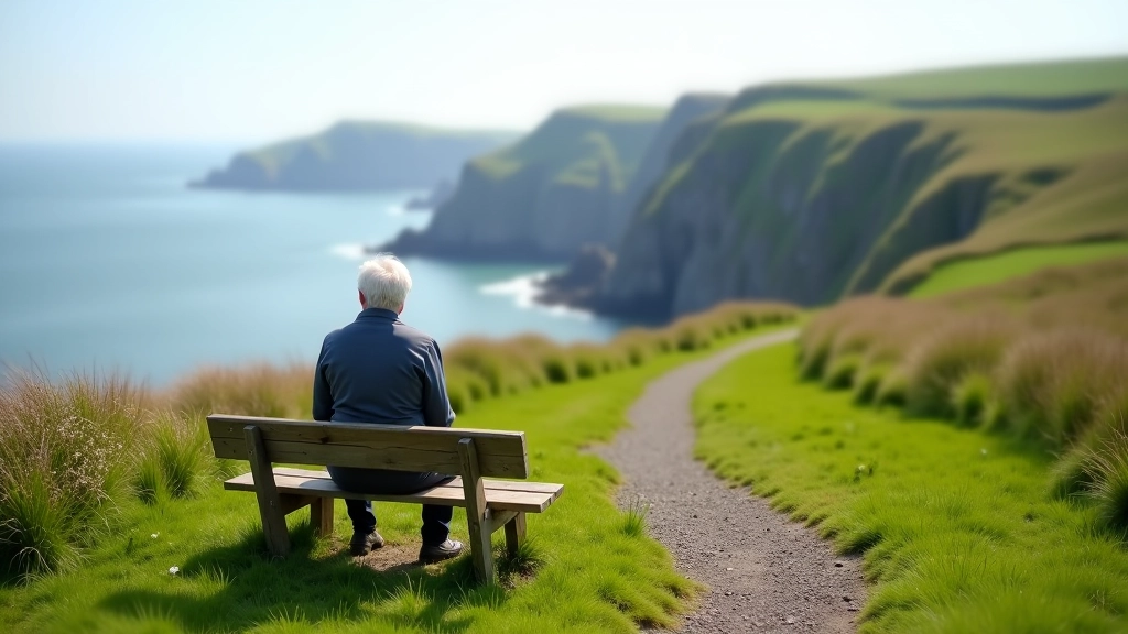 Grassy coastal pathway with rest bench overlooking Atlantic cliffs and distant headland