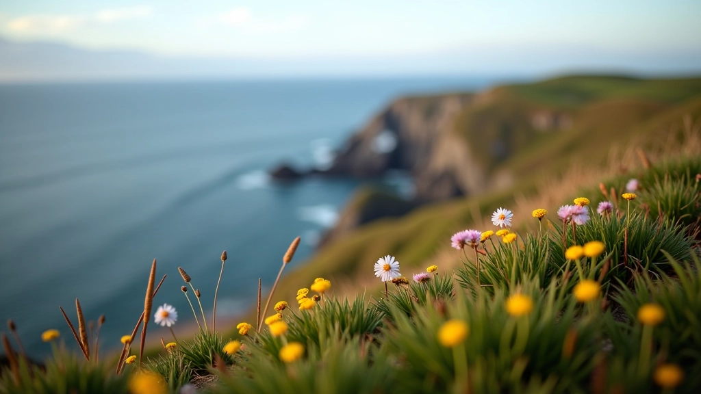 Close-up of coastal wildflowers and native grasses on cliff edge with ocean background
