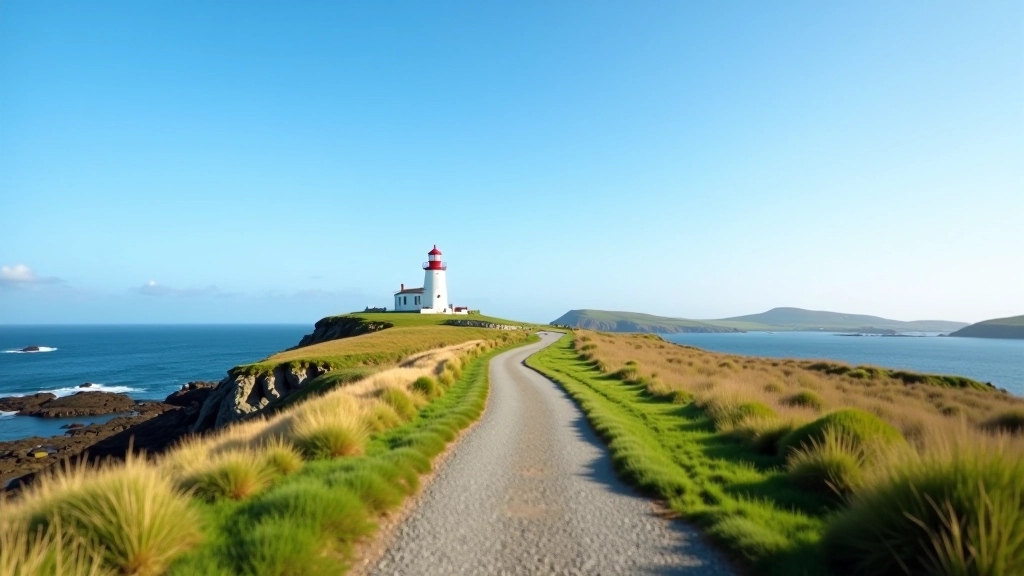 Valentia Island lighthouse stands against the Kerry coastline with a clear walking path visible in the foreground