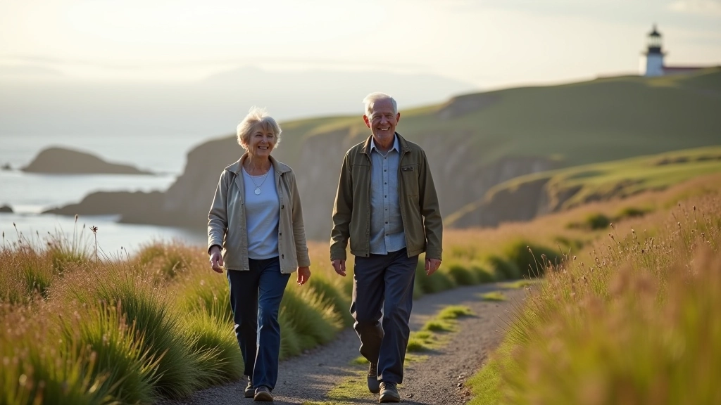 Older adults walking on coastal path with ocean and rocky cliffs in background
