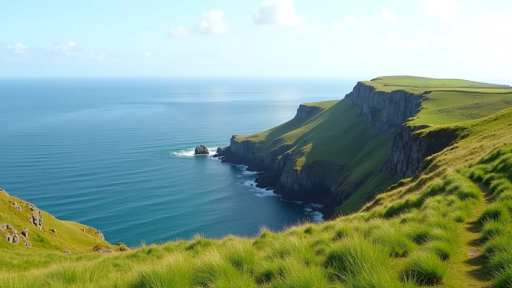 Wide panoramic view of Atlantic coastline from elevated cliff position