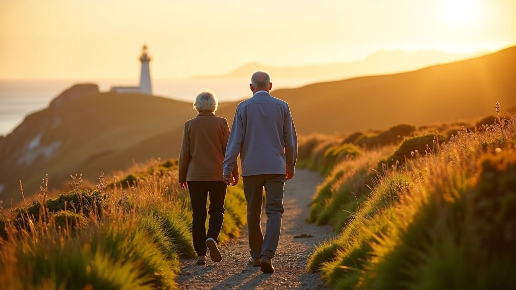 Group of older adults enjoying a coastal walking path on Valentia Island with lighthouse visible in the background