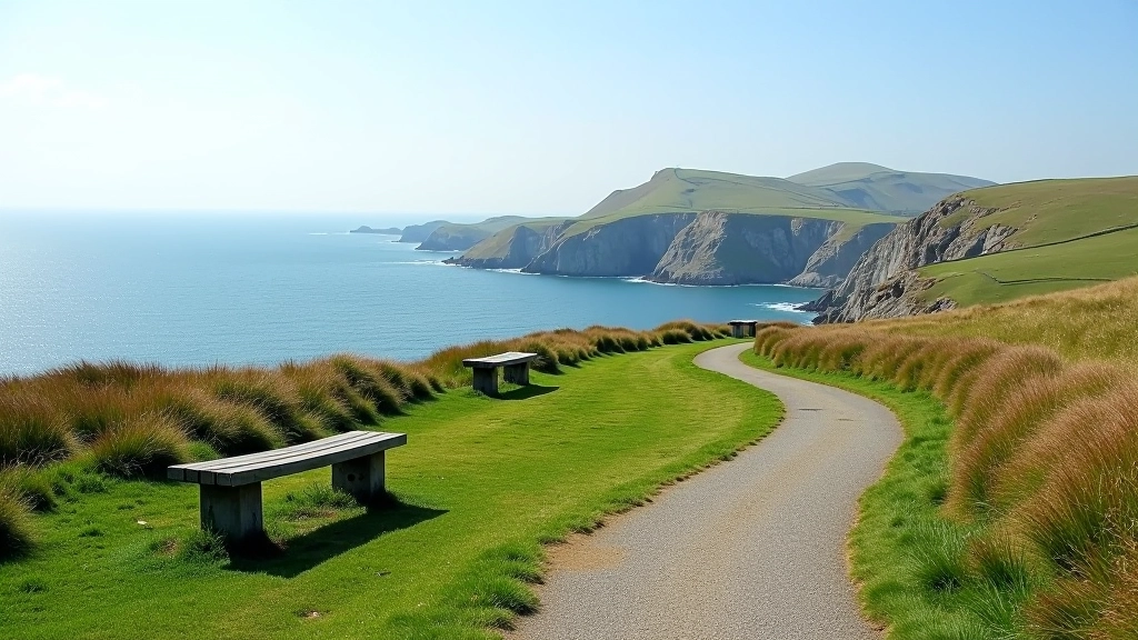 Elevated coastal trail with resting bench overlooking dramatic cliffs and ocean