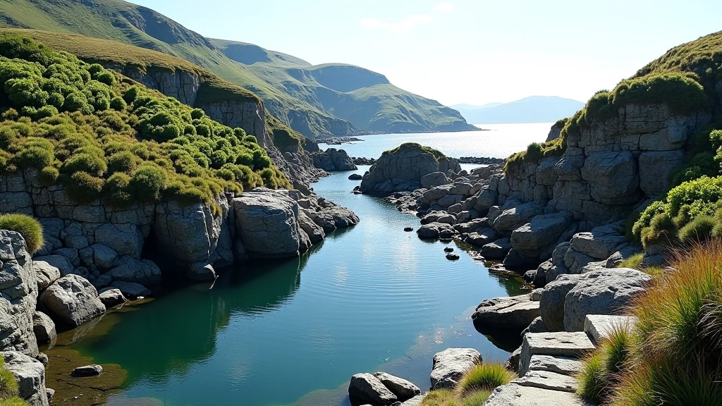 Abandoned slate quarry with water-filled pit surrounded by rocky cliff walls and green vegetation