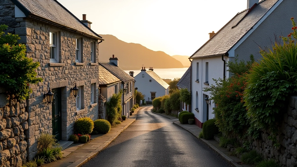 Coastal village buildings with stone walls overlooking Valentia Island harbor