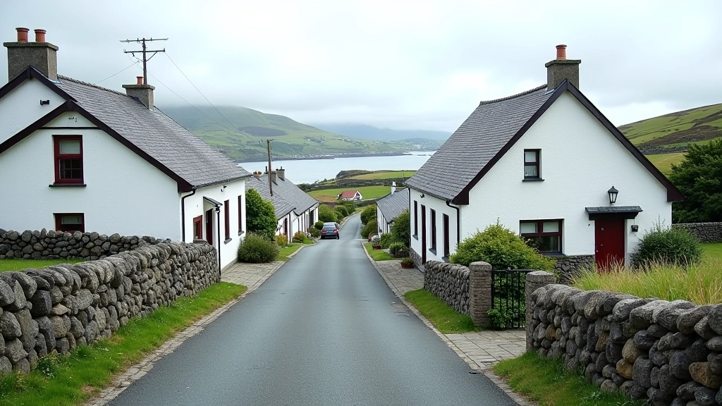Coastal village street with colorful houses, stone walls, and ocean view in the distance