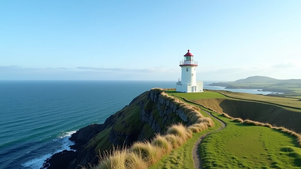 Lighthouse tower standing on rocky coastal cliff overlooking the Atlantic Ocean