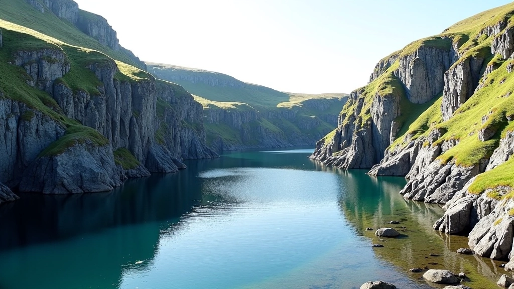 Water-filled quarry pit with steep slate walls reflected in still water, vegetation on cliff edges