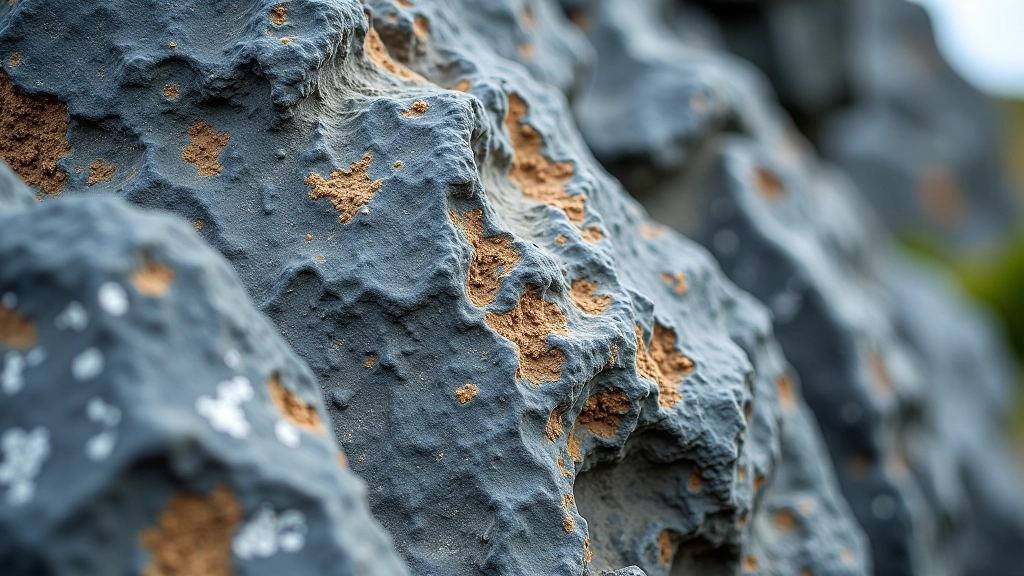 Weathered slate quarry face with horizontal striations and lichen growth, showing centuries of geological layers