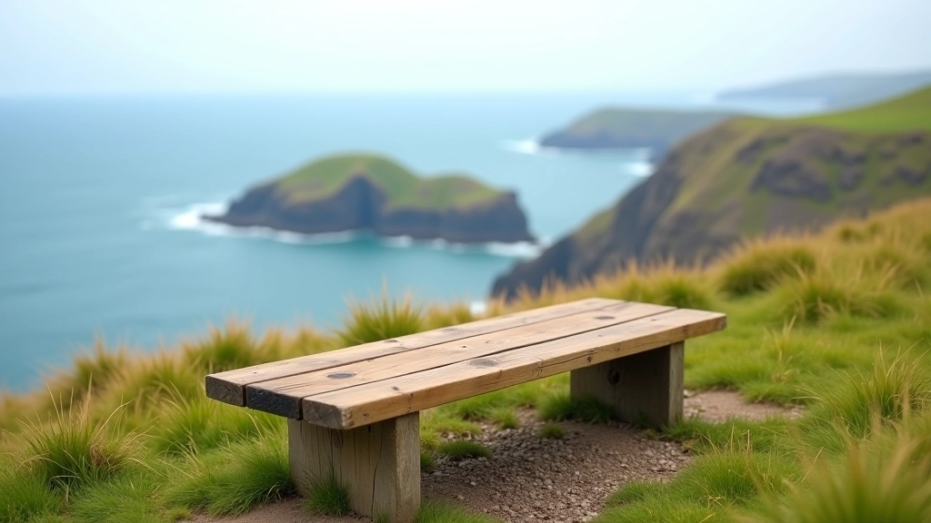Close-up view of weathered wooden rest bench with ocean vista beyond