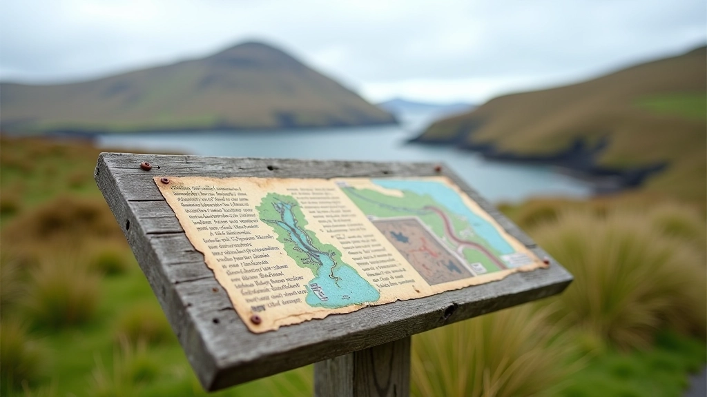 Historic interpretive sign mounted on wooden post at quarry site, with surrounding landscape visible
